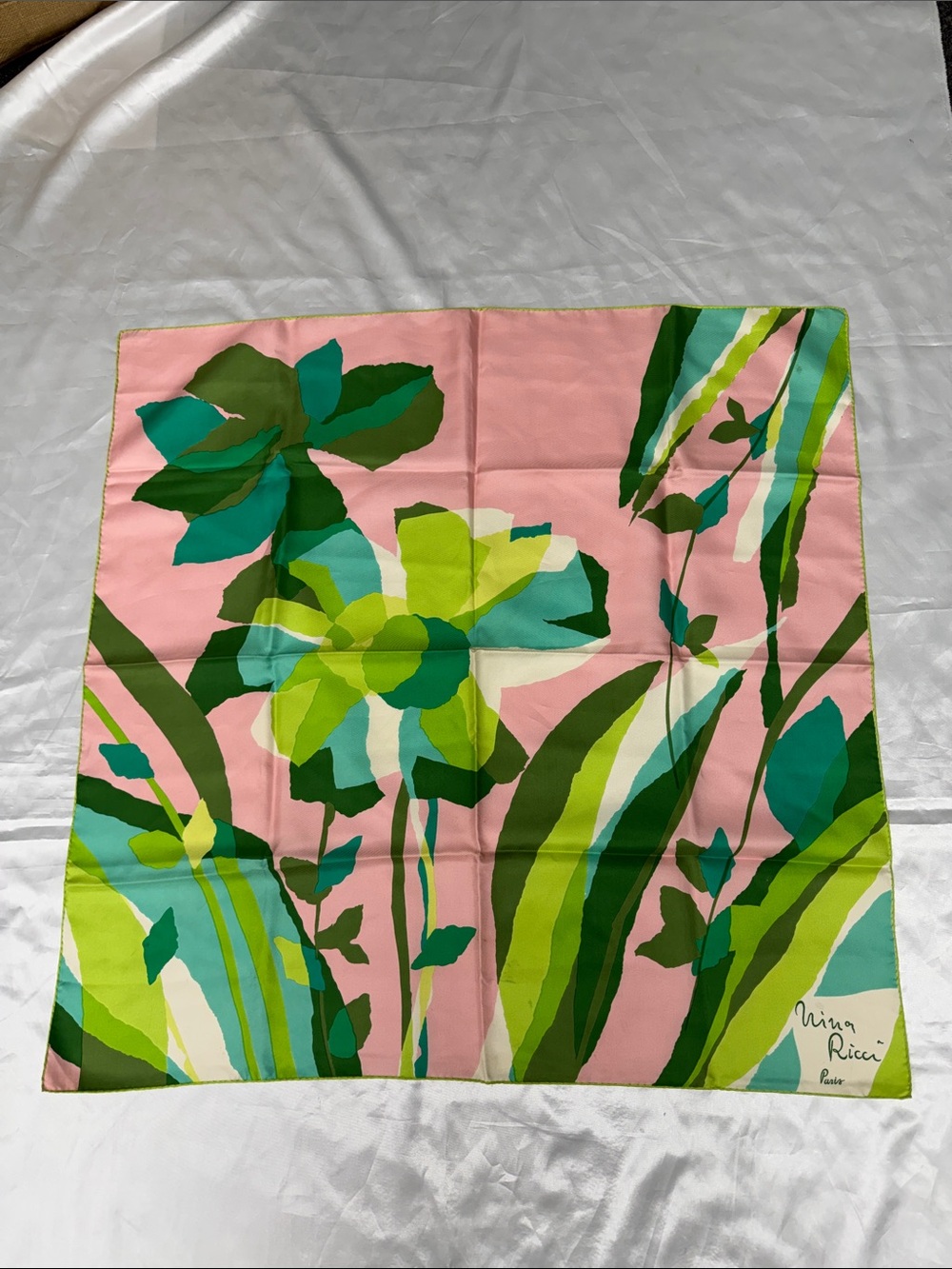 Nina Ricci Pink Floral Double Sided 100% Silk Square Scarf 29" France